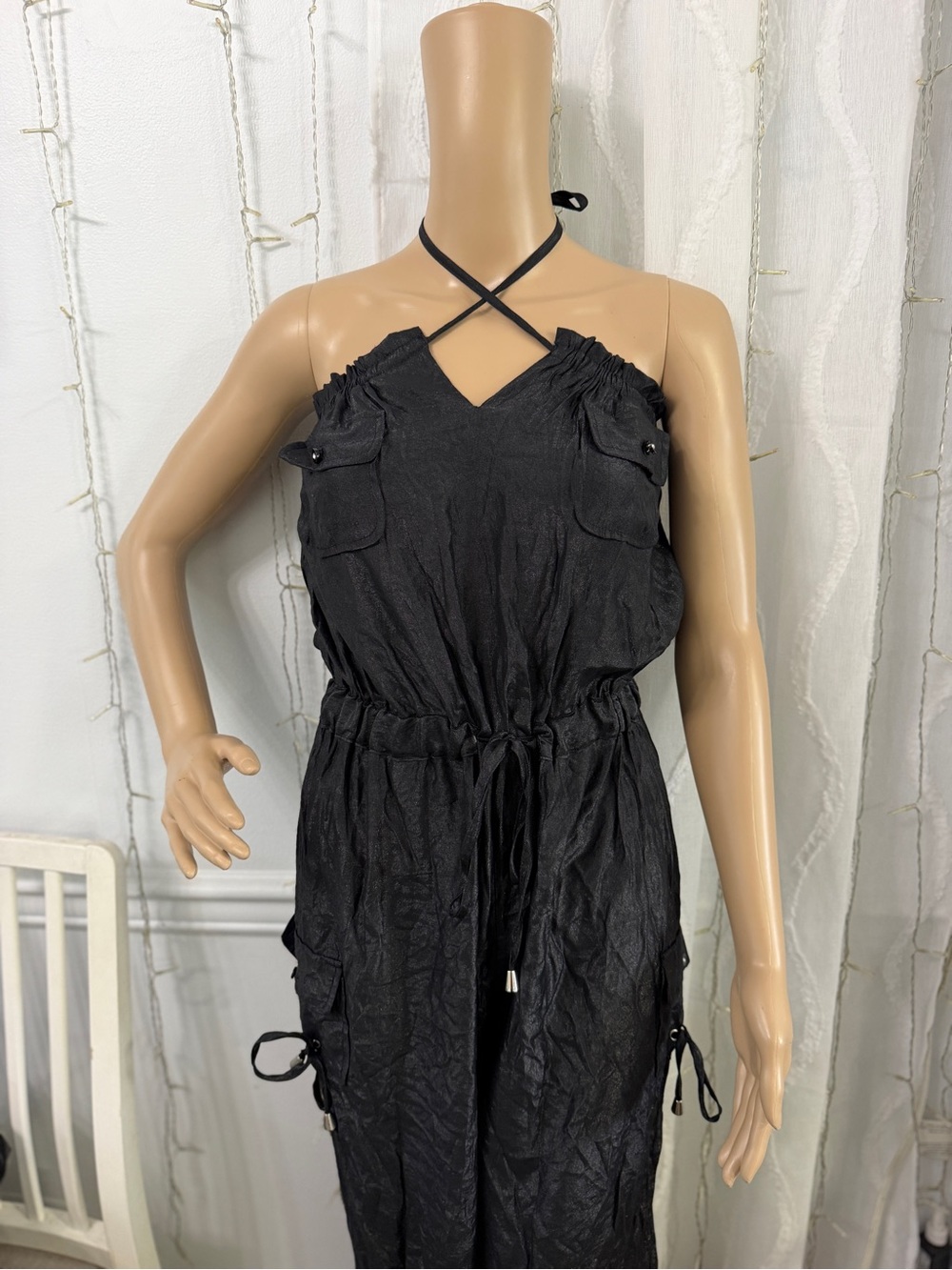 Black Jumpsuit Romper with Tie Waist - Picture 11 of 11